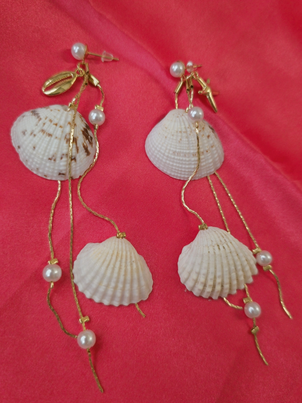 Natural Shell & Acrylic Pearl Long Drop Earrings - White & Gold